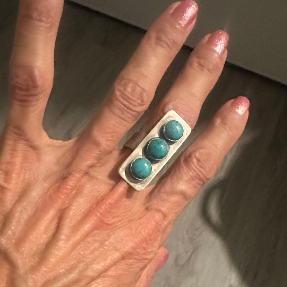 Sterling Silver (not stamped 925) Triple Stone Ring with Turquoise Blue Accents